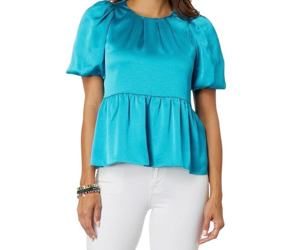 Lilly Pulitzer Blakelynn Peplum Ruffle Satin Top Sz 16 Blue Rhapsody Teal Flowy